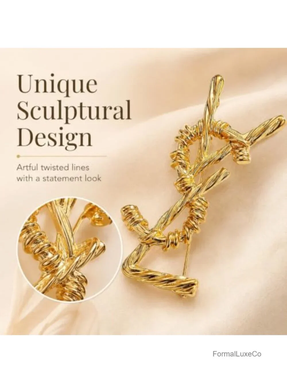 Gold-Tone Abstract Knot Brooch Women Vintage Twisted Metal Pin Scarf Shawl